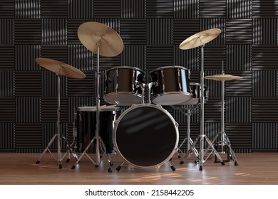 Professional Rock Black Drum Kit in Music Recording Studio extreme closeup. 3d Rendering  - Powered by Shutterstock