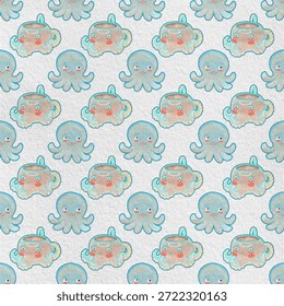 A professional seamless repeatable pattern featuring adorable blue octopuses and creative tea cups designed as octopuses. Watercolor texture style on a subtle paper background. Perfect for stationery, textile, and nursery decor.