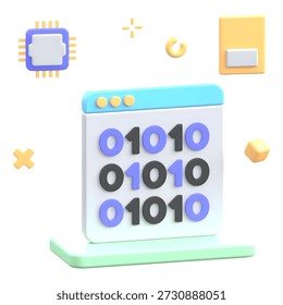 Professional software development concept featuring a blue 3D icon of a browser window with binary code and a purple CPU chip. Ideal for coding and technology visuals.