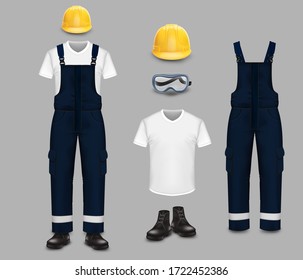 Professional work wear and uniform set, isolated illustration. Realistic protective coverall with reflective stripes, t-shirt, boots, safety goggles and yellow helmet.