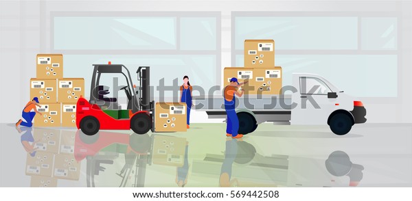 Professional workers in\
special clothes to load the goods in the warehouse using a\
forklift. Marketing\
services.