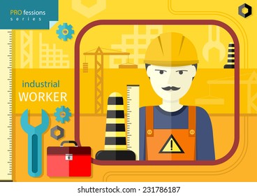 Professions concept with industrial worker in workwear and helmet  on manufacturing background. Raster version  - Powered by Shutterstock