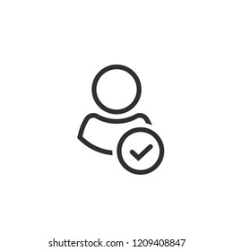 Profile With Checkmark Icon, Line Outline Art User Account Accepted Symbol With Tick, Approved Or Applied Person Sign, Validation Verified Pictogram, Authorized Member Isolated Image