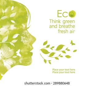 Profile Face Of Young  Woman  From Watercolor Stains,isolated On A White Background.  Illustration Environmentally Friendly Planet. Think Green And Breathe Fresh Air.  Ecology Concept.  