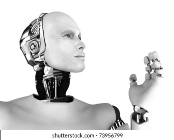 The profile of a male robot gazing into the future. Isolated on white background.