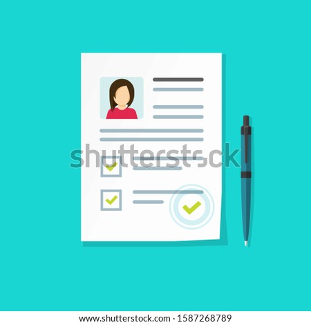 Profile paper document with personal data as employee hire interview cv or resume card with credential illustration, flat cartoon application form, recruitment checklist or customer evaluation image