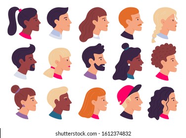 Profile People Portraits. Male And Female Face Profiles Avatars, Side Portrait And Heads. Person Web User Avatar, Hipster Character Portrait. Isolated Flat  Illustration Icons Set