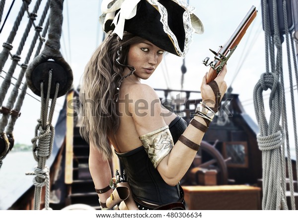 セクシーな海賊の女性船長がピストルを手に船のデッキに立っている姿 3dレンダリング のイラスト素材