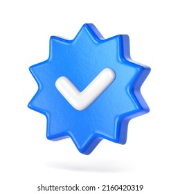 Profile Verification Check Mark Social Media Icon. Blue Verified Badge With Checkmark Sign Isolated On White Background. 3D Illustration