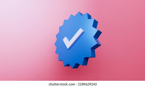 Profile Verification Check Mark Social Media Icon. Blue Verified Badge With Checkmark Sign Isolated On Pink Background. 3D Illustration