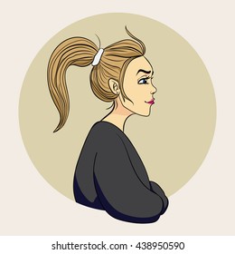 Profile Of Young Beautiful Woman With Messy Ponytail In A Circle. Cartoon Color Illustration.