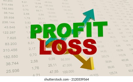 Profit and loss symbol with two crossing arrows, one arrow up and one arrow down. Data sheet with financial figures in the background. Business concept. 3D illustration