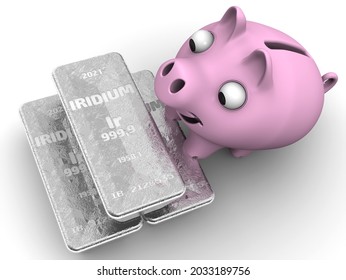 Profitable Financial Investment In The Rare Earth Metal Iridium. Three Ingots Of 999.9 Fine Iridium And One Happy Piggy Bank (moneybox) On White Surface. 3D Illustration