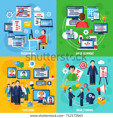 Programmer 2x2 design concept set of programming app development team work and brain storming icons compositions flat  illustration 