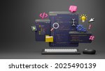 Programmer developer typing script source languages coding symbols  icon development project data programming software engineering IT technologies computer. 3d rendering.