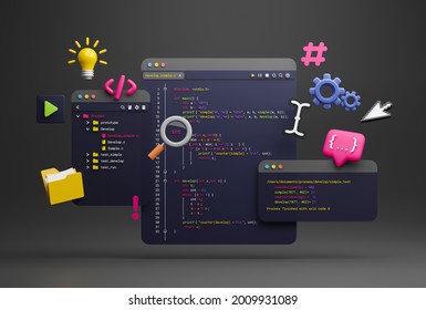 Programmer developer typing script source languages coding symbols  icon development project data programming software engineering IT technologies computer. 3d rendering.