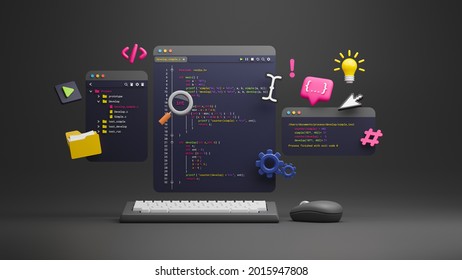 プログラマ開発者タイプスクリプトのソース言語コードシンボルアイコン開発プロジェクトデータプログラミングソフトウェアエンジニアリングITテクノロジコンピュータ。3Dレンダリング。