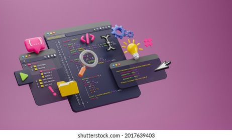 Programmer Developer Typing Script Source Languages Coding Symbols  Icon Development Project Data Programming Software Engineering IT Technologies Computer. 3d Rendering.