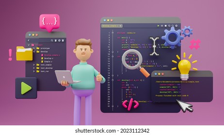 Programmer Developer Typing Script Source Languages Coding Symbols  Icon Development Project Data Programming Software Engineering IT Technologies Computer. 3d Rendering.