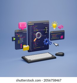 Programmer Developer Typing Script Source Languages Coding Symbols  Icon Development Project Data Programming Software Engineering IT Technologies Computer. 3d Rendering.