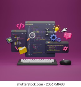 Programmer Developer Typing Script Source Languages Coding Symbols  Icon Development Project Data Programming Software Engineering IT Technologies Computer. 3d Rendering.