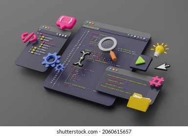 Programmer Developer Typing Script Source Languages Coding Symbols  Icon Development Project Data Programming Software Engineering IT Technologies Computer. 3d Rendering.