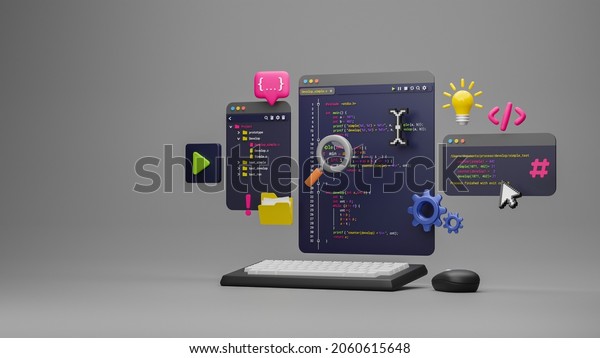 Programmer developer\
typing script source languages coding symbols  icon development\
project data programming software engineering IT technologies\
computer. 3d\
rendering.