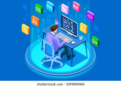 Programmer And Engineering Development Illustration. A Developer Of Project Team Of Engineers For Website Coding. Software Programming, Web Agency, Professional Employee At Laptop. Isometric.