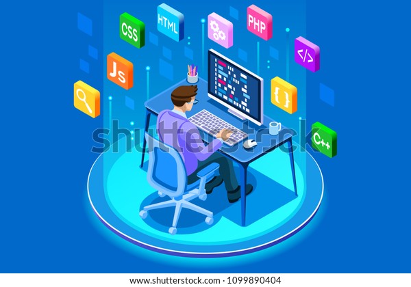 プログラマとエンジニアリング開発のイラスト ウェブサイトのコーディングに関するエンジニアのプロジェクトチームの開発 者 ソフトウェア プログラミング ウェブエージェンシー ノートパソコンの専門職社員 アイソメ のイラスト素材