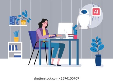 Programmer woman developing artificial intelligence using computer from office, showcasing innovation and technology in workplace. Vector illustration