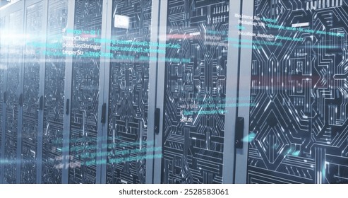 Programming code image over server racks in data center. Technology, coding, servers, networking, infrastructure, IT - Powered by Shutterstock