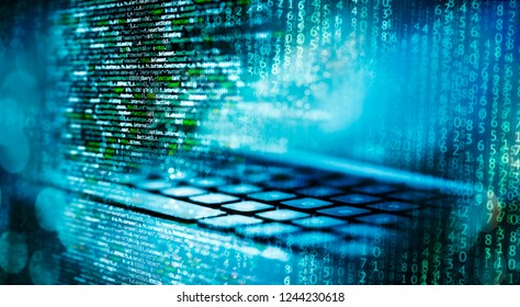 Programming code with matrix, computer and abstract technical background in blue