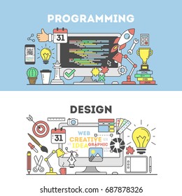 Programming and design. Signs and icons on background.