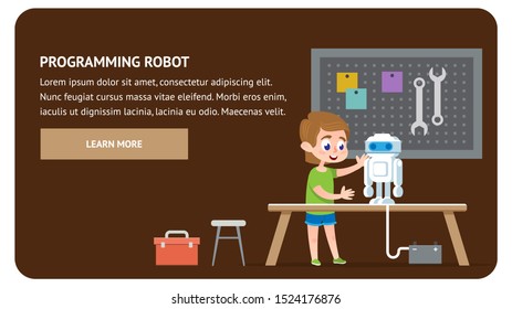 Programming Robot Electronics. Talent Kid Study Tech And Math And Working On Project For Robotic Competition. Flat Illustration Of Young Boy Building, Training And Coding Humanoid In School Class.