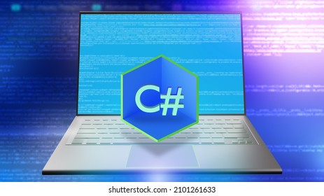 Programming using C# language. C Sharp logo in front of laptop screen. C# sign next to lines of code. Software development with C#. Concept documentation for development. 3d rendering.