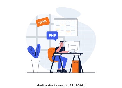Programming web concept with character scene. Man working with php and html languages and making program. People situation in flat design. Illustration for social media marketing material.