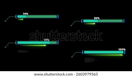 Progress bar animation with callout and laser loading bar inside light blue white fill tone with numeric and 14 to 100 percent text motion on the black screen