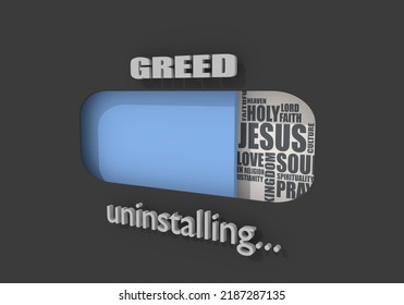 Progress Bar Or Loading Bar With Christianity Religion Relative Tags Cloud. Greed Word. 3D Render. 3D Illustration