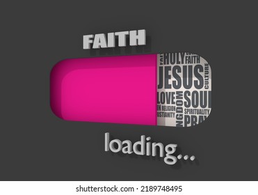 Progress Bar Or Loading Bar With Christianity Religion Relative Tags Cloud. Faith Word. 3D Render. 3D Illustration