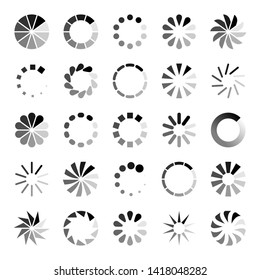Progress loader icons. Load spinning circle circular buffering indication waiting loading computer website download upload status symbol set