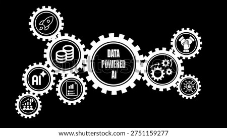 Progress showing interconnected gears with representing artificial intelligence data processing innovation finance and teamwork on a black background keywords: gears,...
