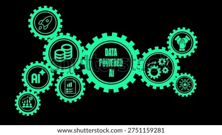 Progress showing interconnected gears with representing artificial intelligence data processing innovation finance and teamwork on a black background keywords: gears,...