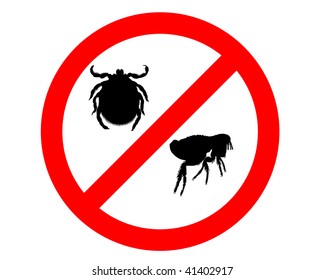 Prohibition Sign For Fleas And Ticks On White Background