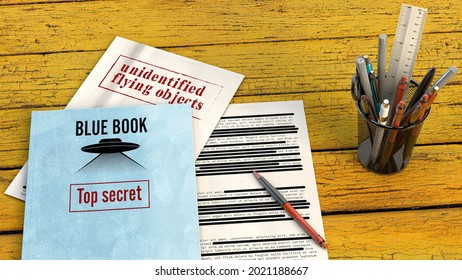 Project Blue Book Was The Code Name For The Systematic Study Of Unidentified Flying Objects By The United States Air Force. Declassified Documents And Files, Top Secret Files On A Table. 3d Rendering