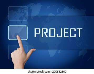 Project concept with interface and world map on blue background