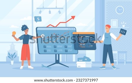 Project development. Team of programmers work with code. Man and woman generate new ideas, teamwork on project. Flat cartoon raster illustration with people characters for banner, website design