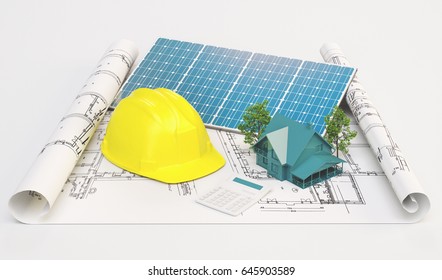 Project for ecological house with solar panels, 3d render - Powered by Shutterstock