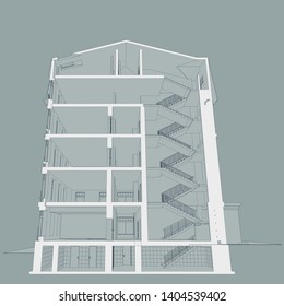 The Project Of The Hotel With Apartments And Cafes, Cross Section Of The Building.3D, Perspective, CAD. Illustration.