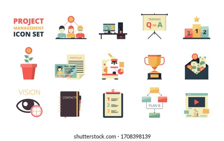 Project Planning Icon. Business Strategy Management Processes Map Plan Development Dashboard Crm System Infographic Flat Symbols