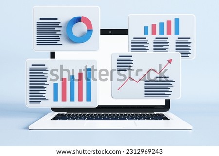 Project statistics, financial data, sales charts, report preparation and data synchronization on digital windows on modern laptop background. 3D rendering